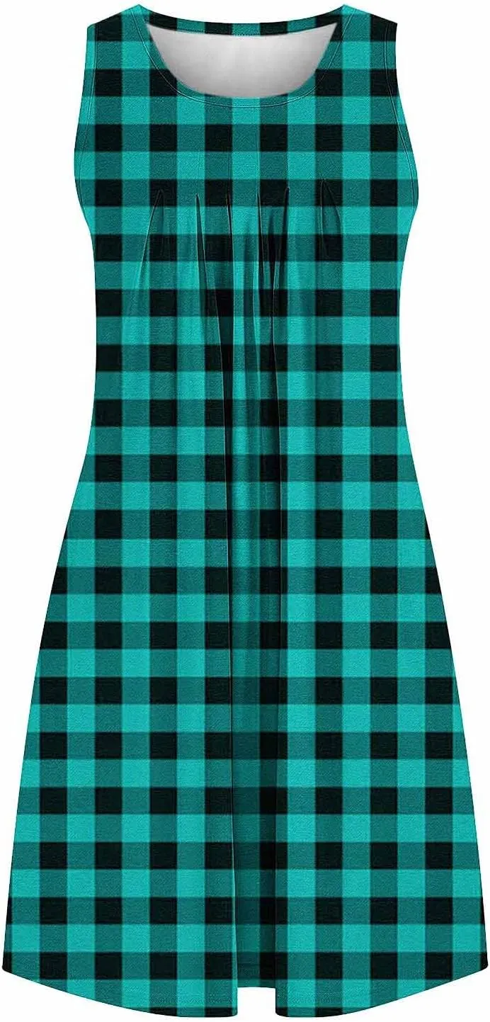 Women's Sleeveless Mini Dresses Pleated Round Neck Dress with Pockets Summer Sleepwear Lightweight Nightgowns