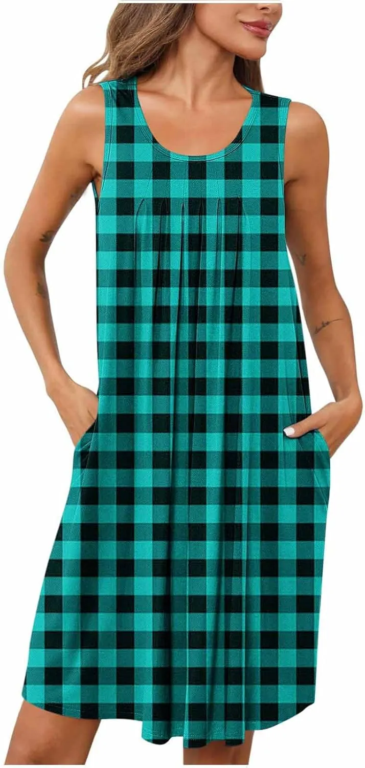 Women's Sleeveless Mini Dresses Pleated Round Neck Dress with Pockets Summer Sleepwear Lightweight Nightgowns