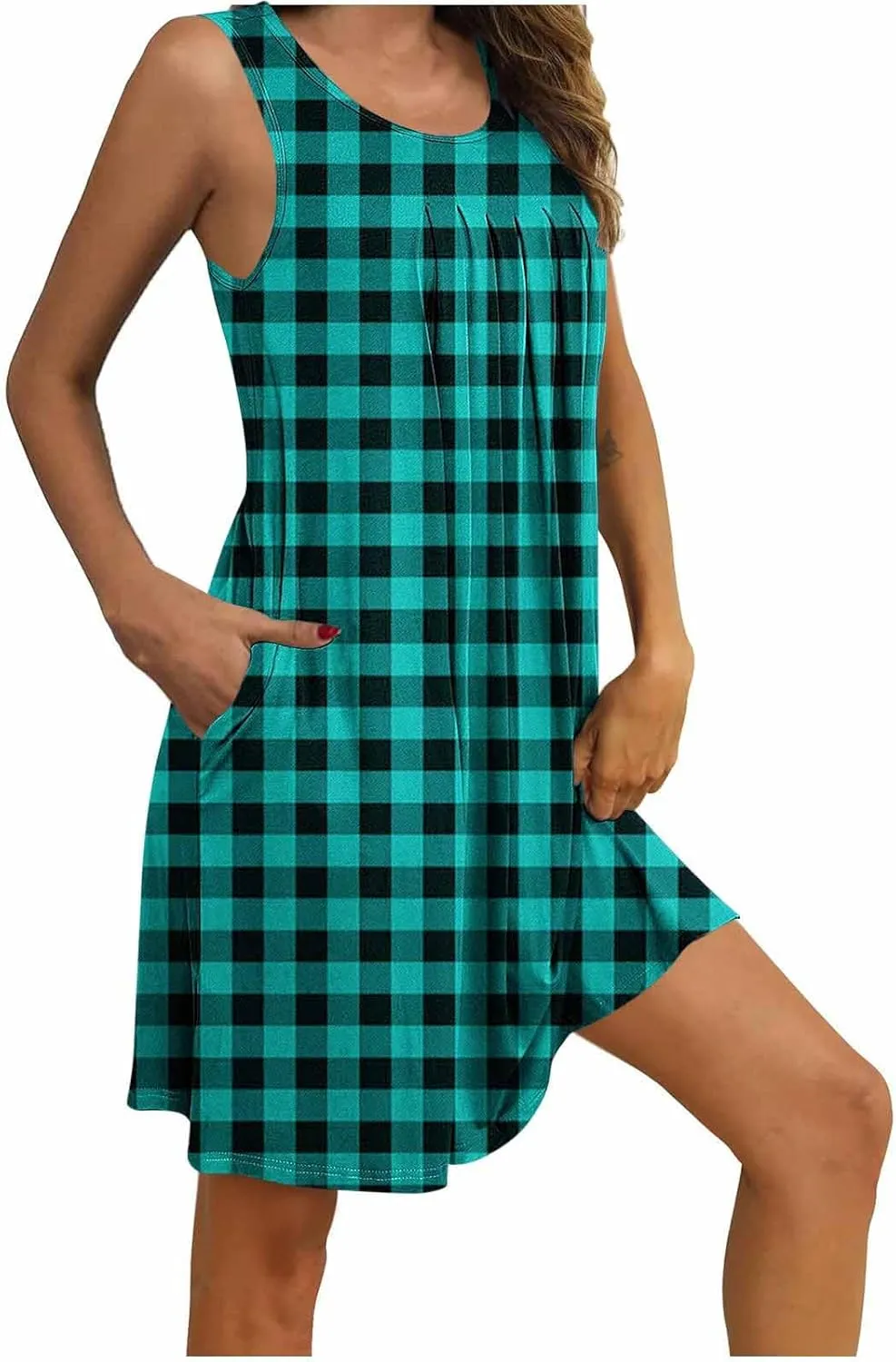 Women's Sleeveless Mini Dresses Pleated Round Neck Dress with Pockets Summer Sleepwear Lightweight Nightgowns