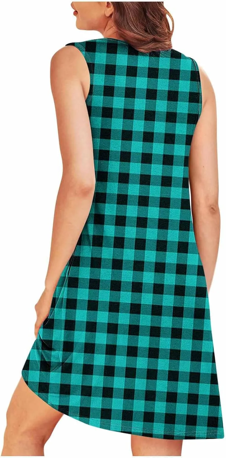 Women's Sleeveless Mini Dresses Pleated Round Neck Dress with Pockets Summer Sleepwear Lightweight Nightgowns