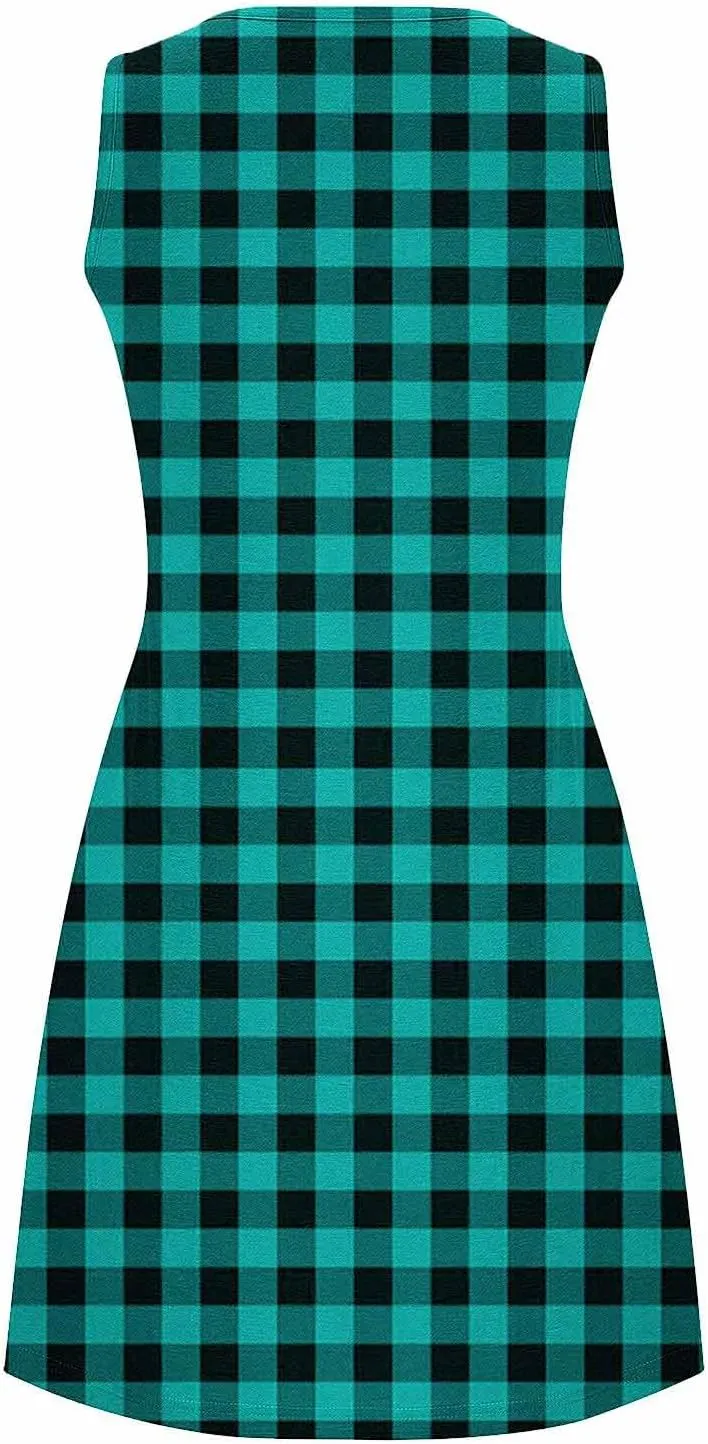 Women's Sleeveless Mini Dresses Pleated Round Neck Dress with Pockets Summer Sleepwear Lightweight Nightgowns