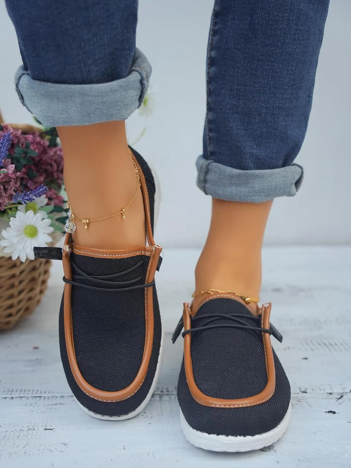 Women's Solid Comfortable Lace-up Loafers Orthopedic Ultralight Canvas Boat Casual Shoes with Arch Support Lightweight Slip On Sneakers