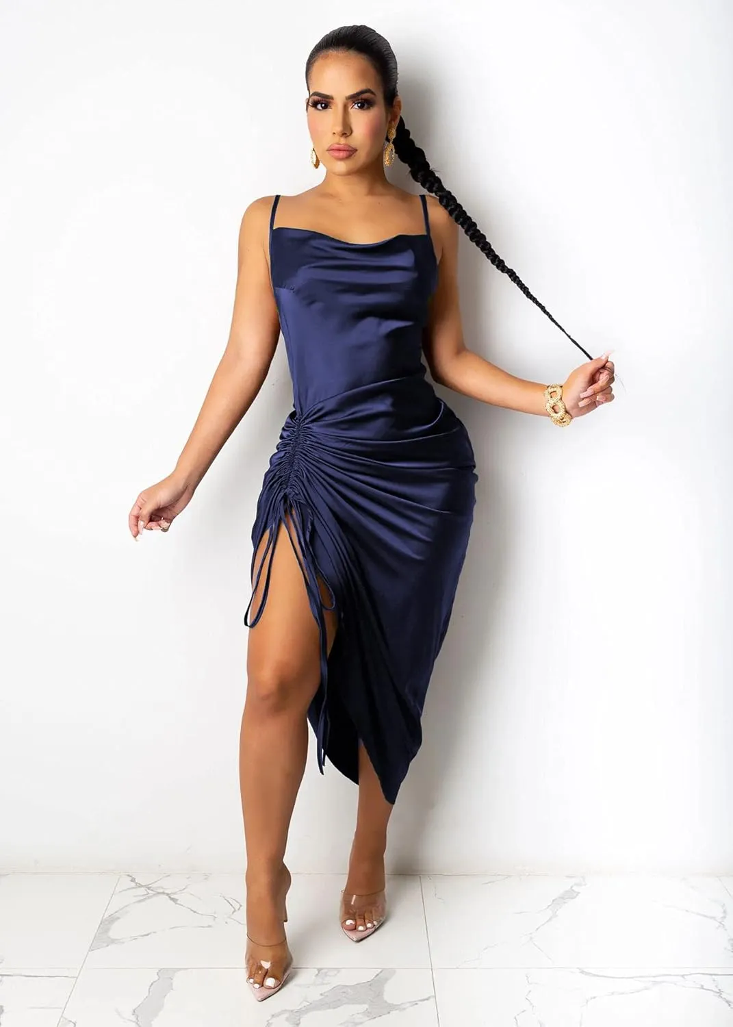 Women's Spaghetti Strap Satin Dress Sexy Backless Drawstring Ruched Split Hem Cocktail Evening Party