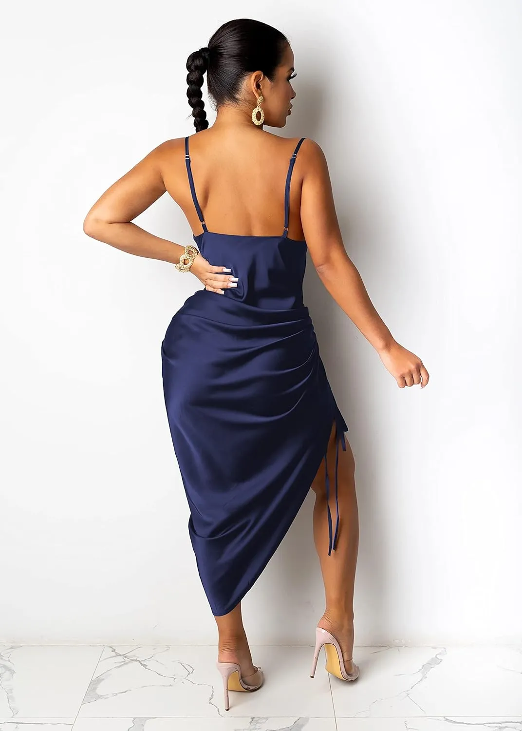 Women's Spaghetti Strap Satin Dress Sexy Backless Drawstring Ruched Split Hem Cocktail Evening Party