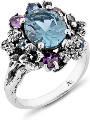 Womens Sterling Silver Multi Gemstone Filigree Flower Band Ring