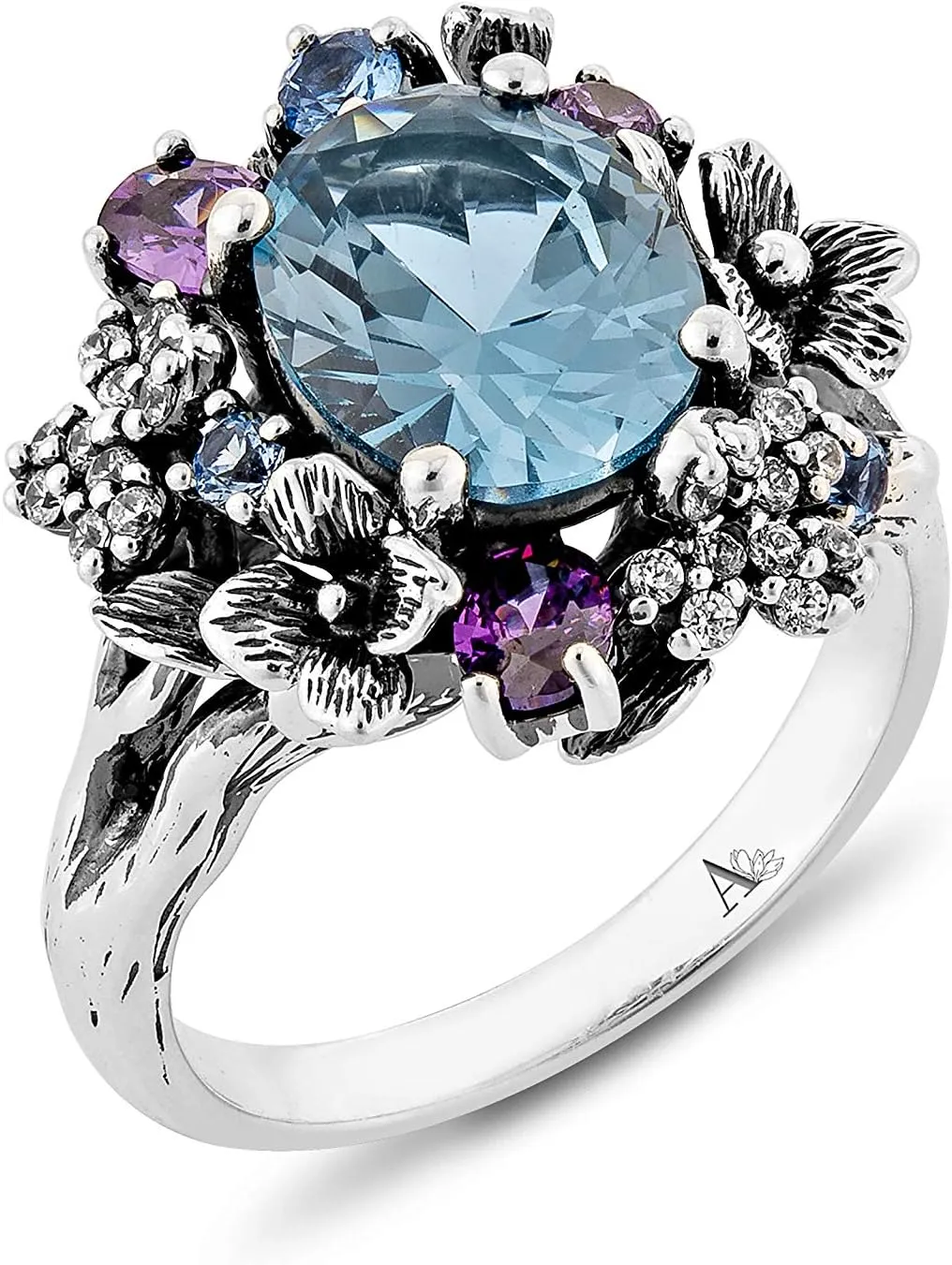 Womens Sterling Silver Multi Gemstone Filigree Flower Band Ring