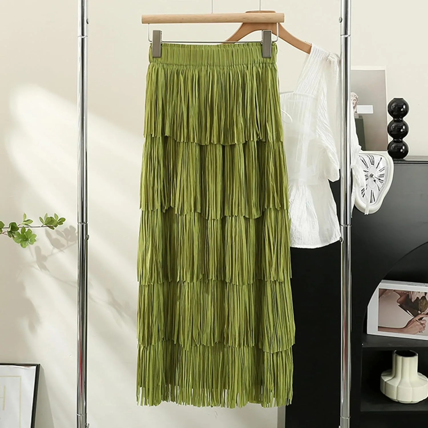 Women's Tassel High Waist Midi Skirts Solid Color Elegant Tiered Skirt Trendy A-Line Skirts Party Ankle Length Skirt