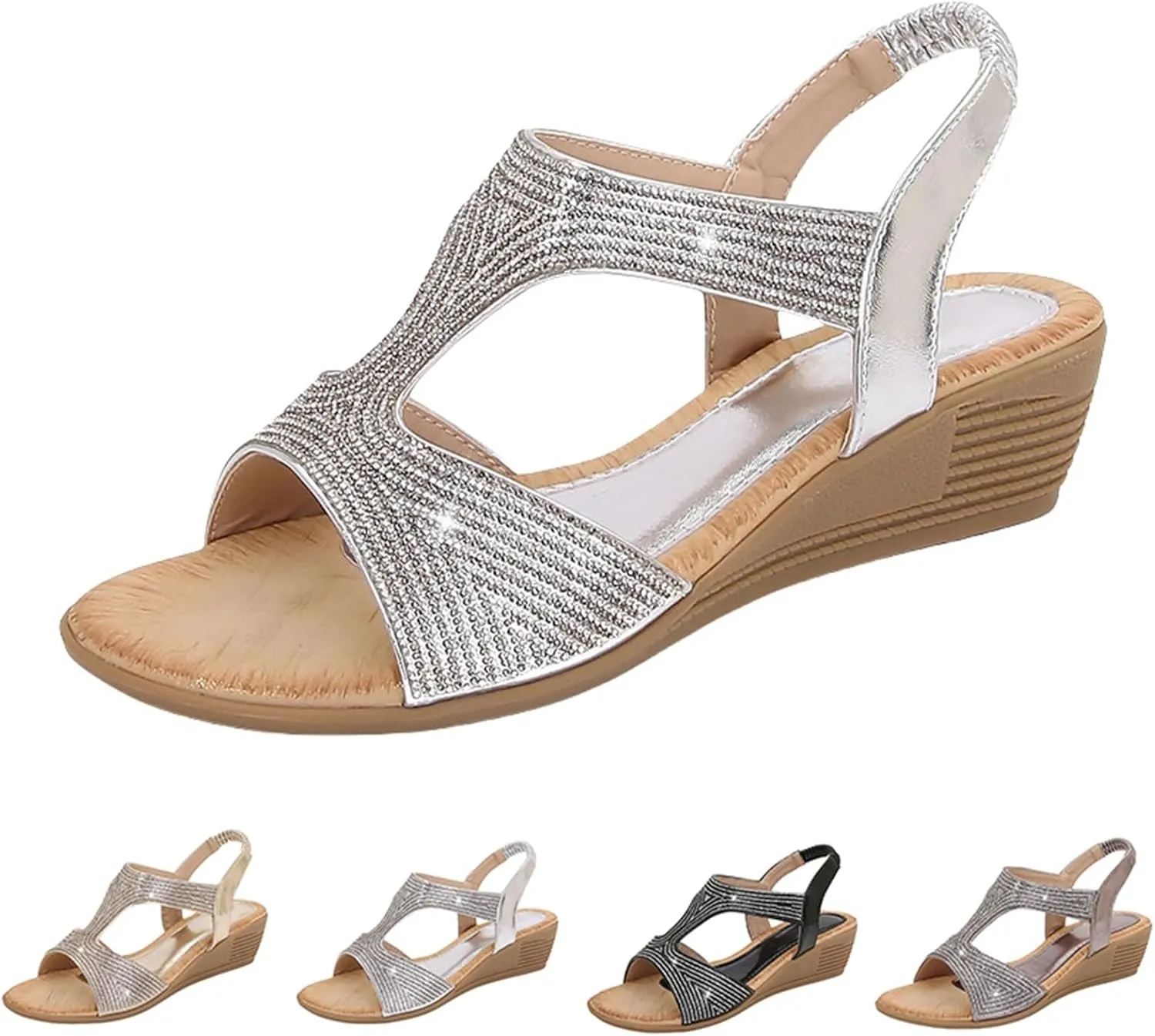 Womens Wedge Sandals Elastic Strap Bohemia Sandals Comfortable Summer Open Toe Sparkly Rhinestone Dress Shoes