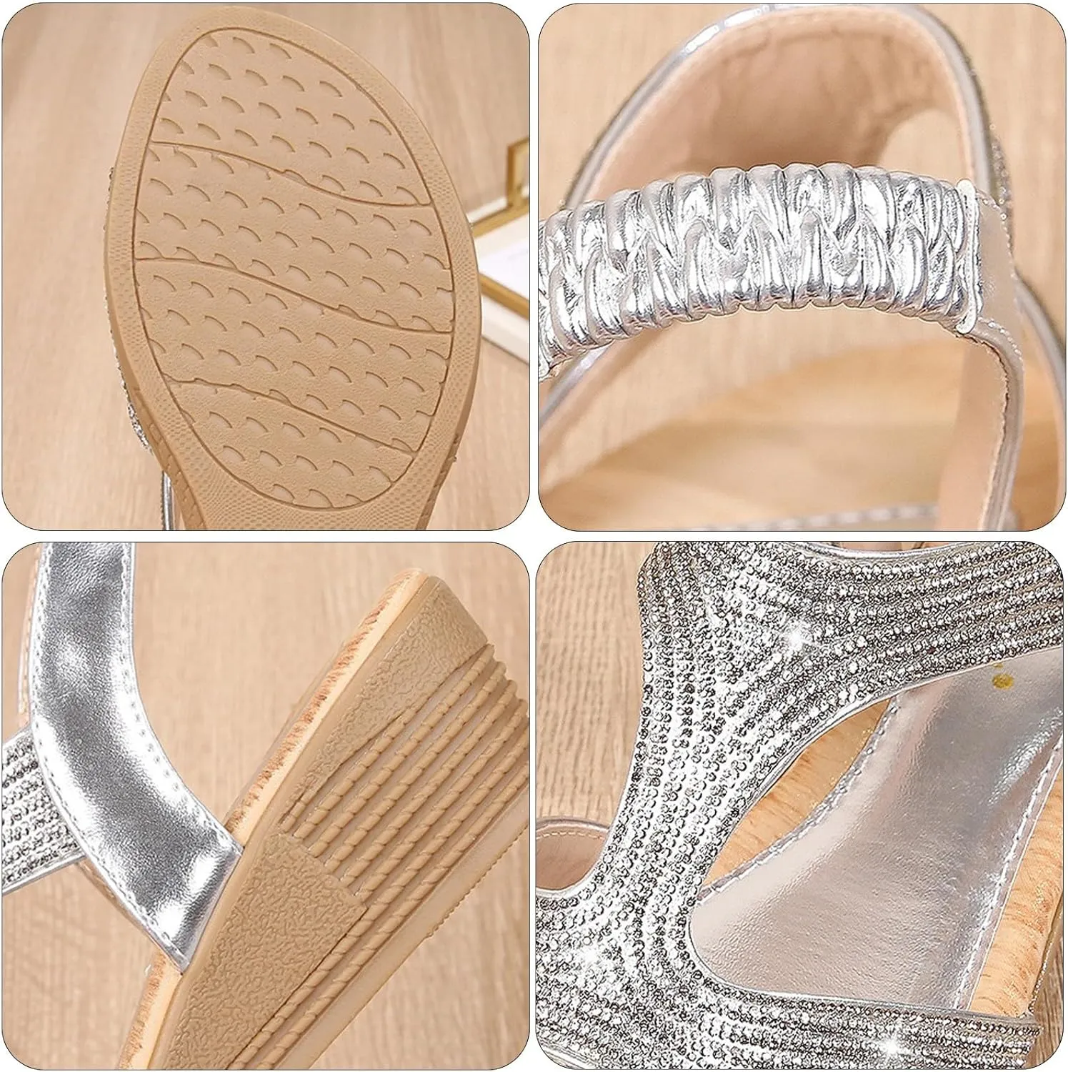 Womens Wedge Sandals Elastic Strap Bohemia Sandals Comfortable Summer Open Toe Sparkly Rhinestone Dress Shoes