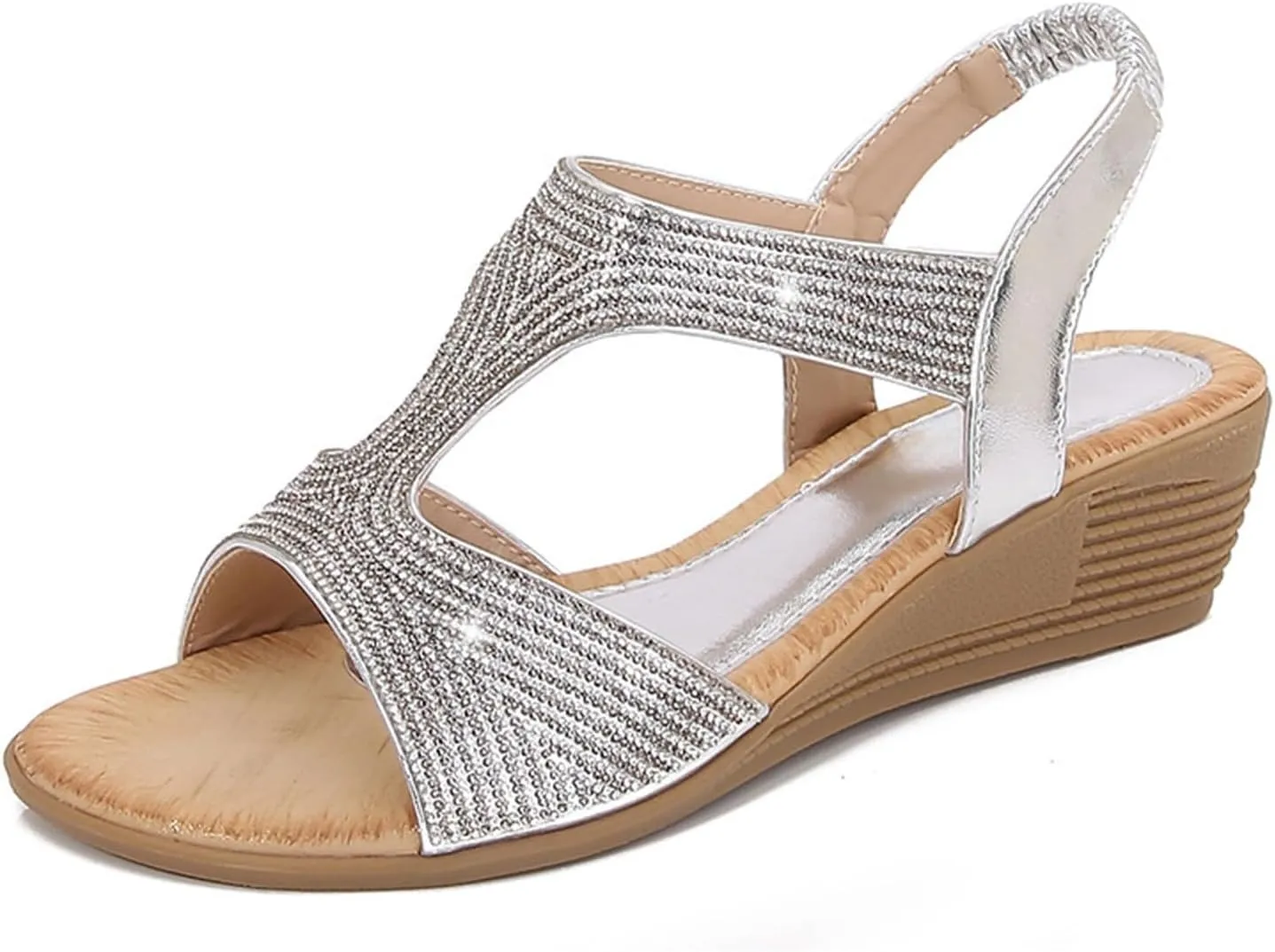 Womens Wedge Sandals Elastic Strap Bohemia Sandals Comfortable Summer Open Toe Sparkly Rhinestone Dress Shoes