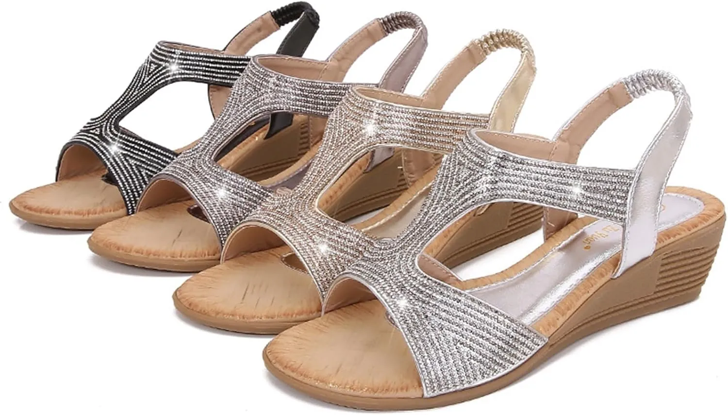 Womens Wedge Sandals Elastic Strap Bohemia Sandals Comfortable Summer Open Toe Sparkly Rhinestone Dress Shoes