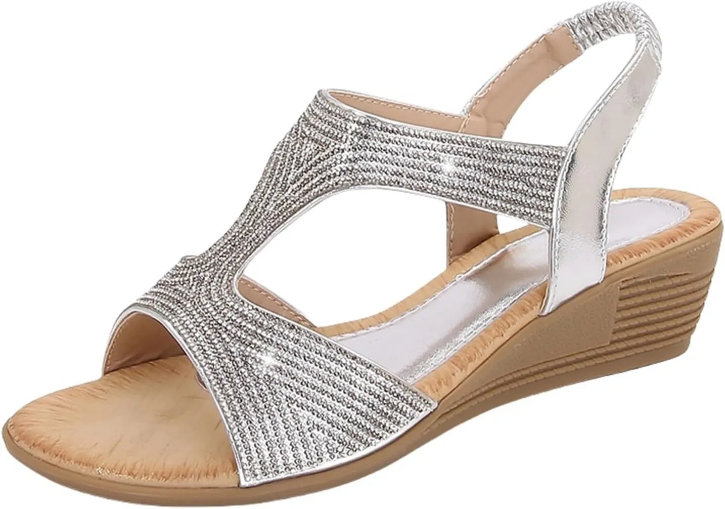 Womens Wedge Sandals Elastic Strap Bohemia Sandals Comfortable Summer Open Toe Sparkly Rhinestone Dress Shoes