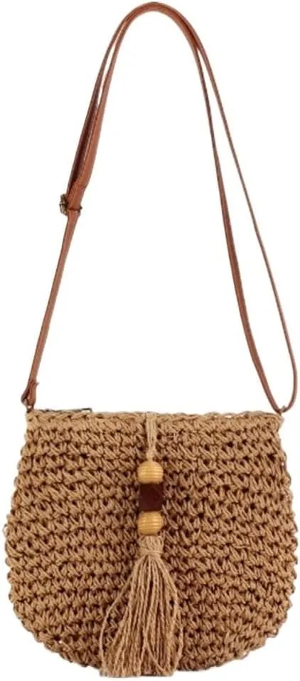 Women's wooden bead tassel straw bag, one-shoulder vacation leisure commuting all-match tote bag(Brown)