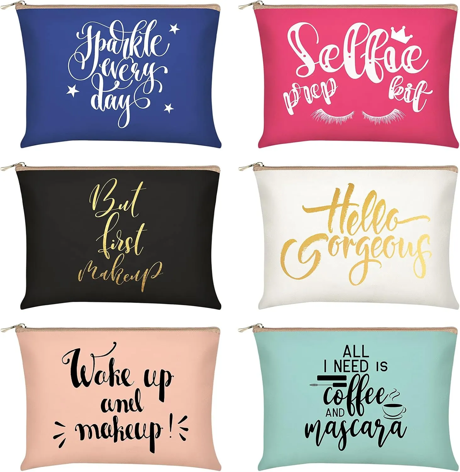 Xuniea 6 Pcs Funny Canvas Cosmetic Bag Makeup Cosmetic Pouch Letter Makeup Bag Multi Color Canvas Toiletry Bag Portable Cute Makeup Pouch for Women Birthday Holiday Vacations Friends