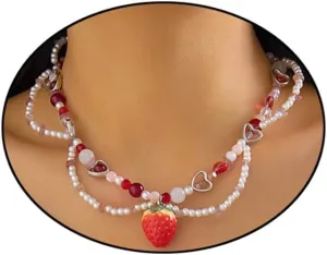 Y2K Layered Pearl Choker Necklaces for Women Crystal Beaded Strawberry Pendant Necklace Vintage Bow Heart Cross Choker Butterfly Tassel Chain Graceful Jewelry Gifts