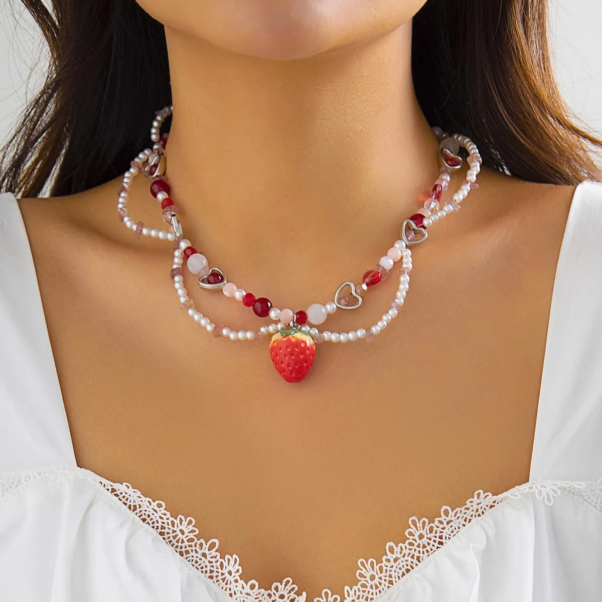Y2K Layered Pearl Choker Necklaces for Women Crystal Beaded Strawberry Pendant Necklace Vintage Bow Heart Cross Choker Butterfly Tassel Chain Graceful Jewelry Gifts