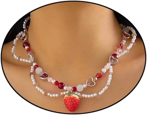Y2K Layered Pearl Choker Necklaces for Women Crystal Beaded Strawberry Pendant Necklace Vintage Bow Heart Cross Choker Butterfly Tassel Chain Graceful Jewelry Gifts
