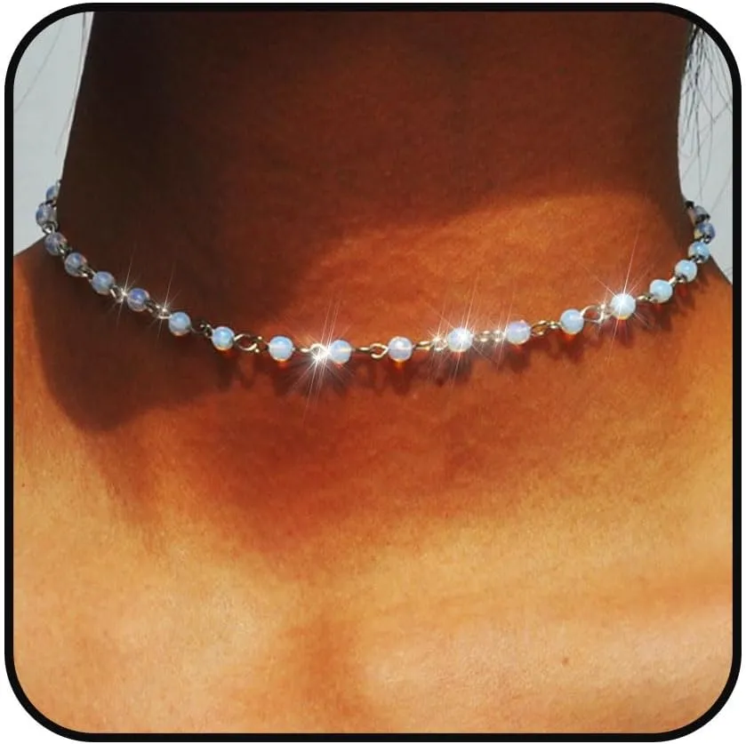 Yalice Beaded Choker Necklace Dainty Opal Birthstone Chokers Necklaces Jewelry for Women