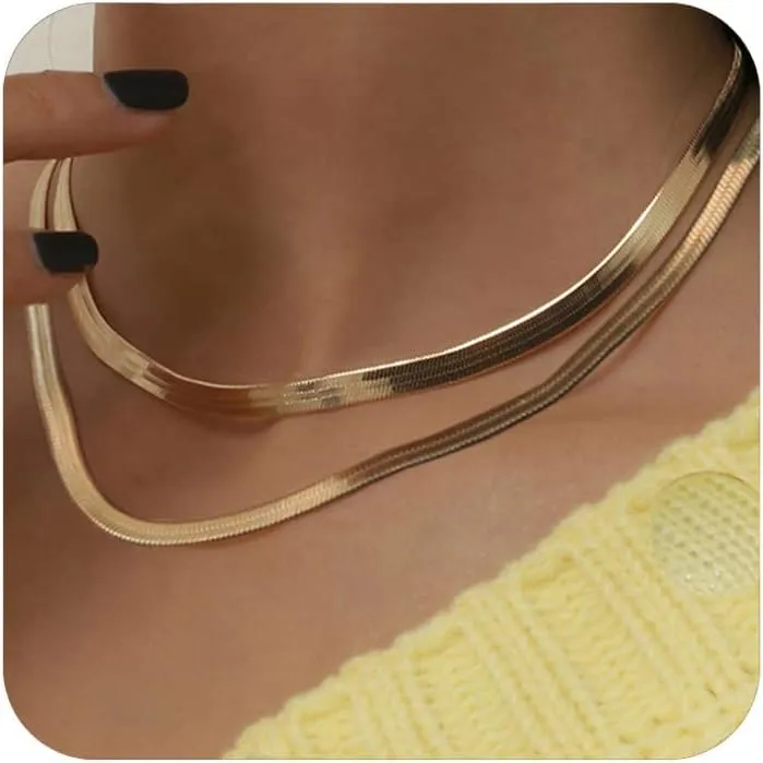 YANODA Herringbone Necklace for Women,14K Gold Necklaces for Women, Dainty Layered Gold Necklace for Women Thin Gold Snake Chain Necklaces Jewelry for Women