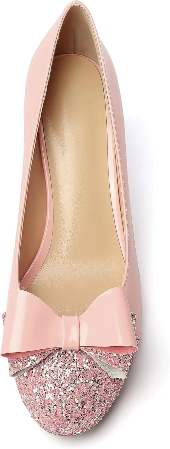 YODEKS Women's Round Toe Pumps, High Heel Slip on, Bow Knotted Heels for Pary Dress Work Office Workplace