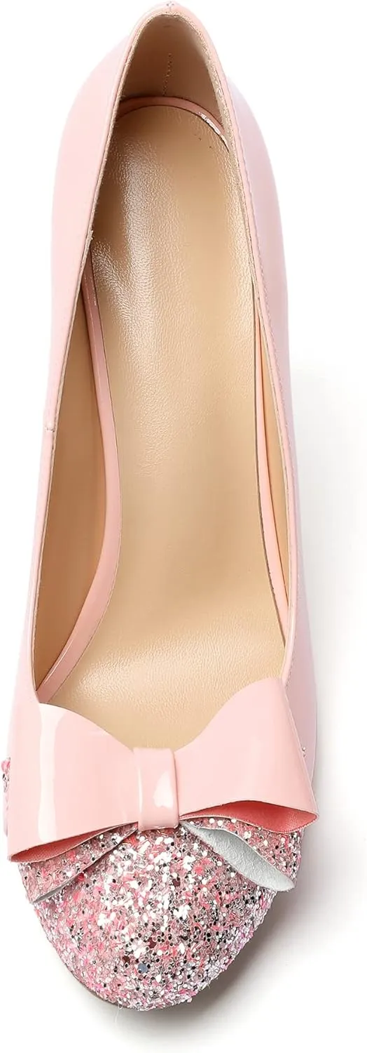 YODEKS Women's Round Toe Pumps, High Heel Slip on, Bow Knotted Heels for Pary Dress Work Office Workplace