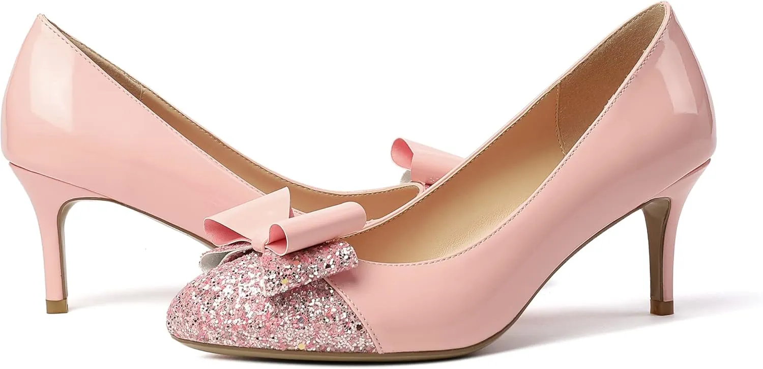 YODEKS Women's Round Toe Pumps, High Heel Slip on, Bow Knotted Heels for Pary Dress Work Office Workplace