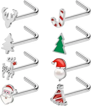 ZS 8Pcs Santa Claus Corkscrew Nose Rings Studs, 20G Stainless Steel Stud, Christmas Trees Screw Bone Piercing L-shaped Jewelry for Women Men