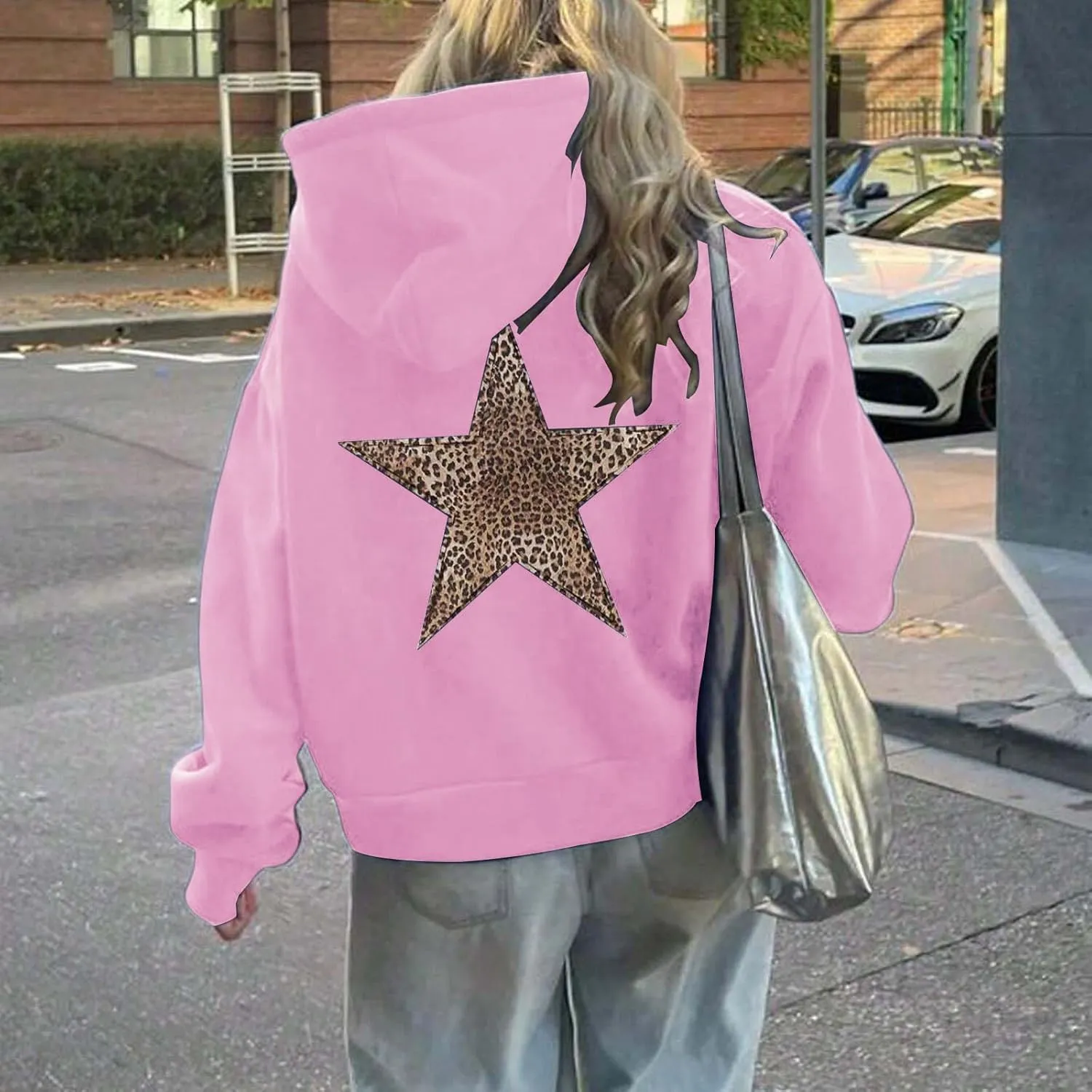 ZWRXW Oversized Graphic Hoodie Sweatshirt for Women Leopard Star Long Sleeve Pullover Sweater Fashion Y2K Outfits Tops