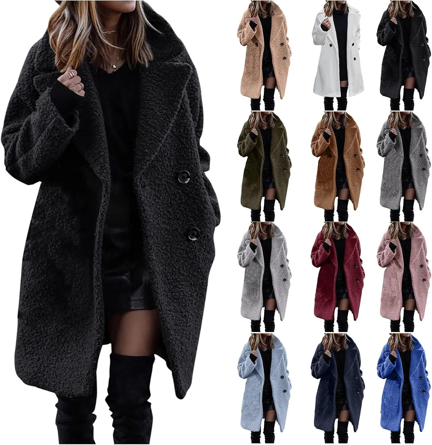 ZWRXW Women's Faux Fur Trench Coats Notched Lapel Long Sleeve Coats Double Breasted Fuzzy Fleece Jackets Fall Winter Outwear