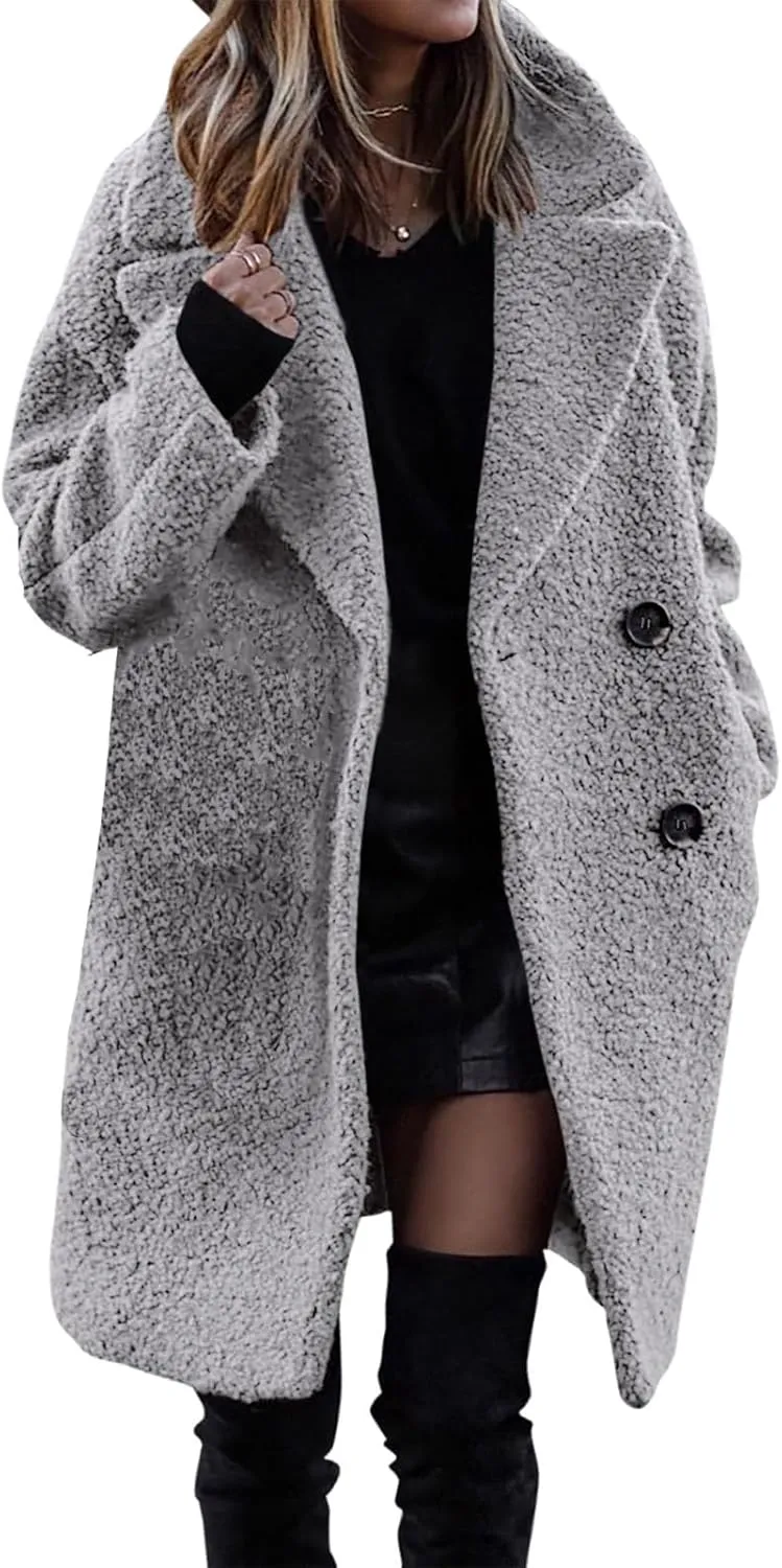 ZWRXW Women's Faux Fur Trench Coats Notched Lapel Long Sleeve Coats Double Breasted Fuzzy Fleece Jackets Fall Winter Outwear