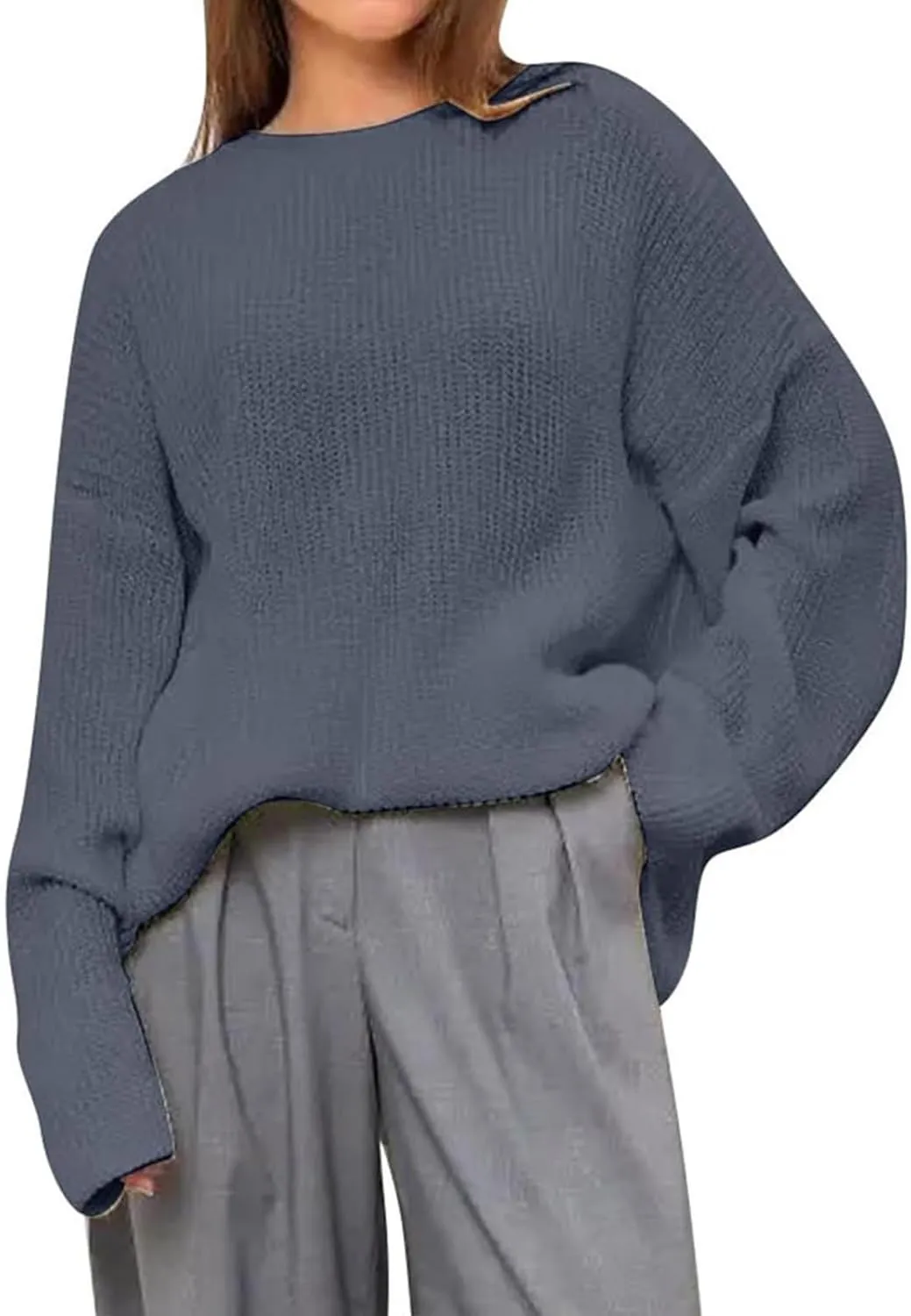 ZWRXW Women's Long Sleeve Pullover Sweater Oversized Crew Neck Knitted Sweaters Casual Loose Solid Jumper Fall Fashion Tops