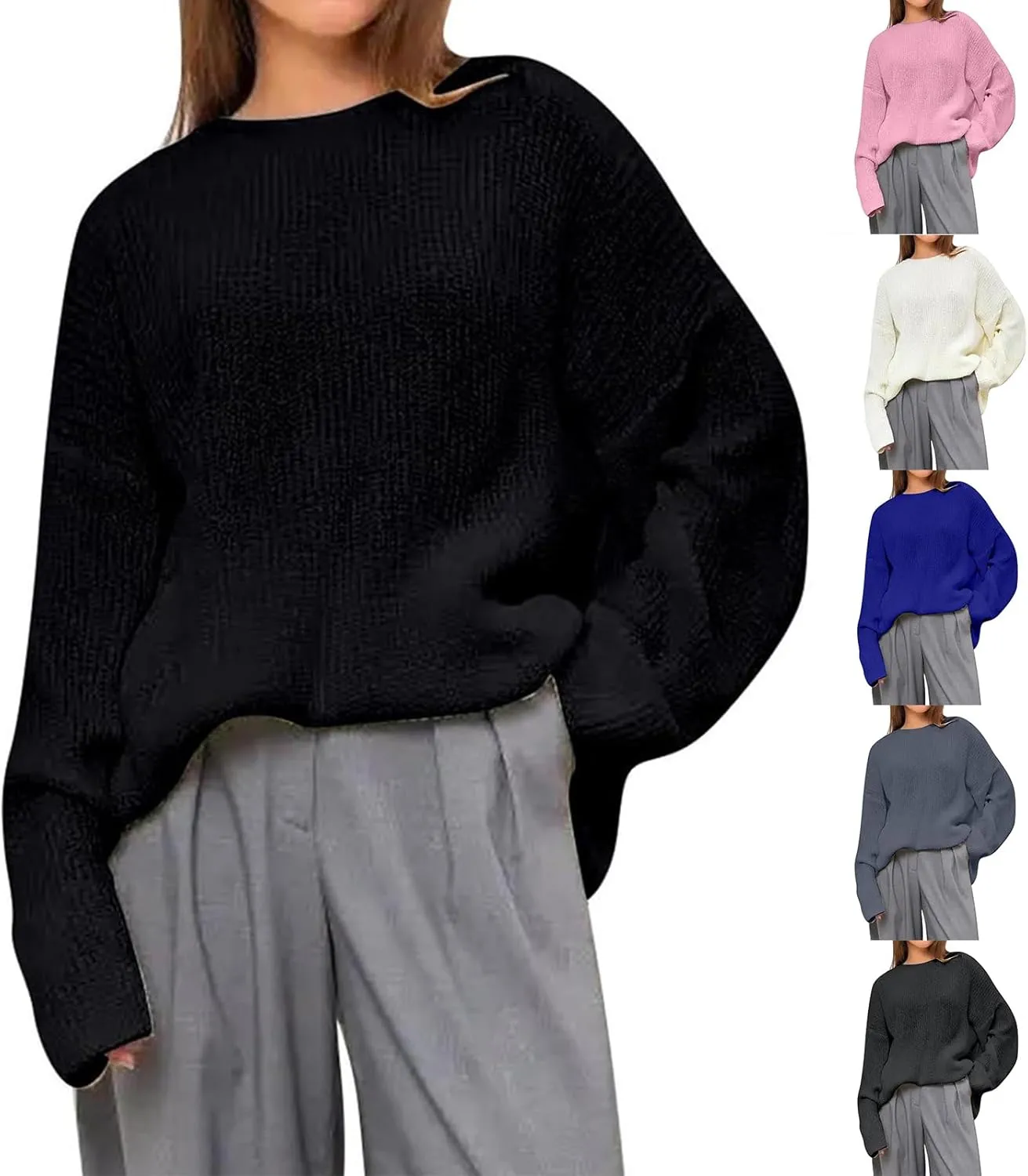 ZWRXW Women's Long Sleeve Pullover Sweater Oversized Crew Neck Knitted Sweaters Casual Loose Solid Jumper Fall Fashion Tops