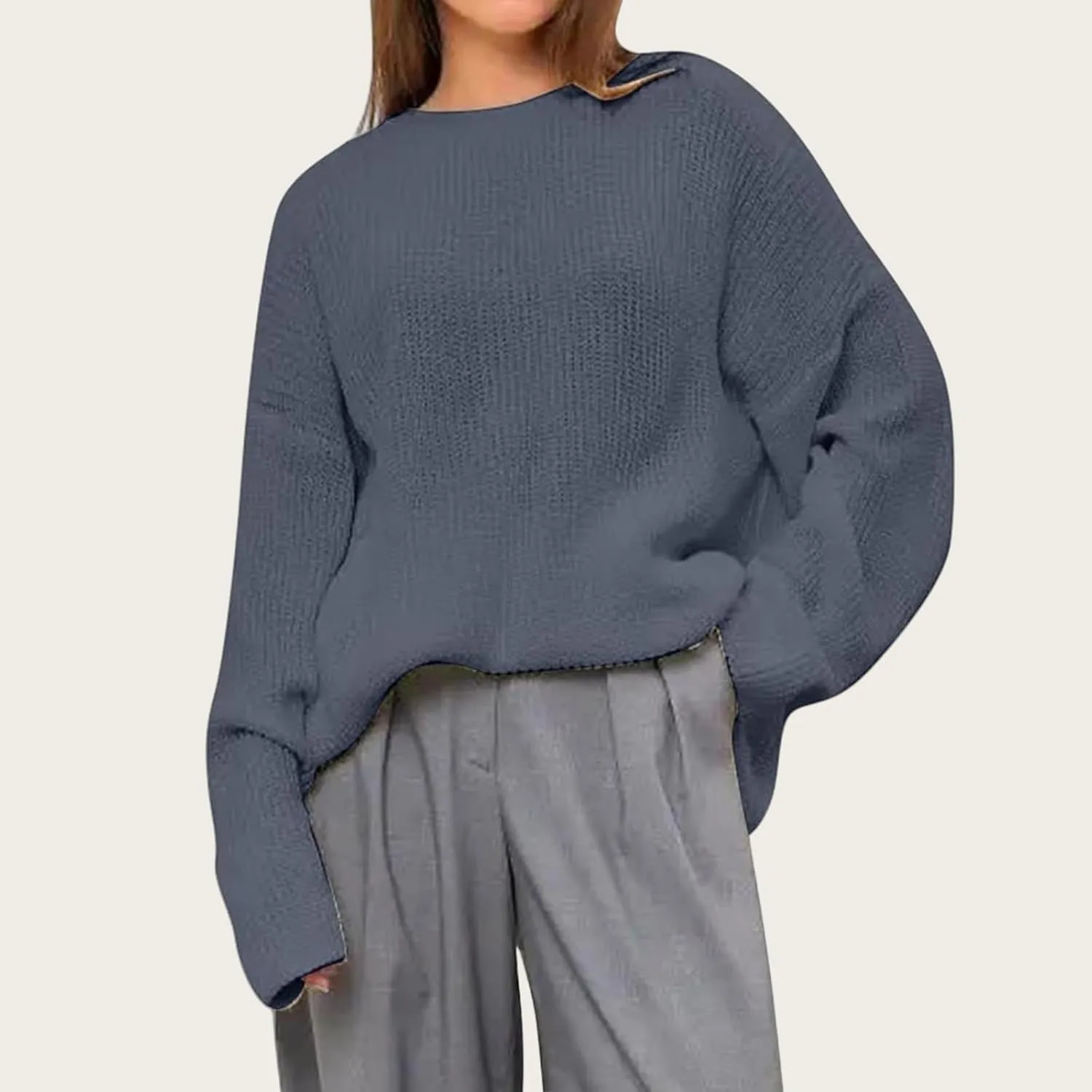 ZWRXW Women's Long Sleeve Pullover Sweater Oversized Crew Neck Knitted Sweaters Casual Loose Solid Jumper Fall Fashion Tops