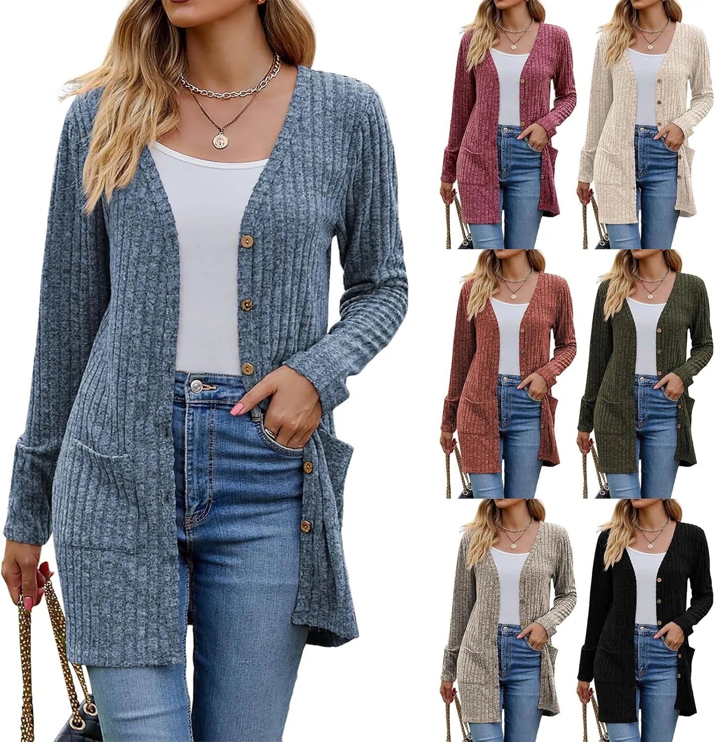 ZWRXW Women's Open Front Cardigan Sweater Button Down Ribbed Knit Lightweight Cardigans Fall Fashion Outerwear with Pockets