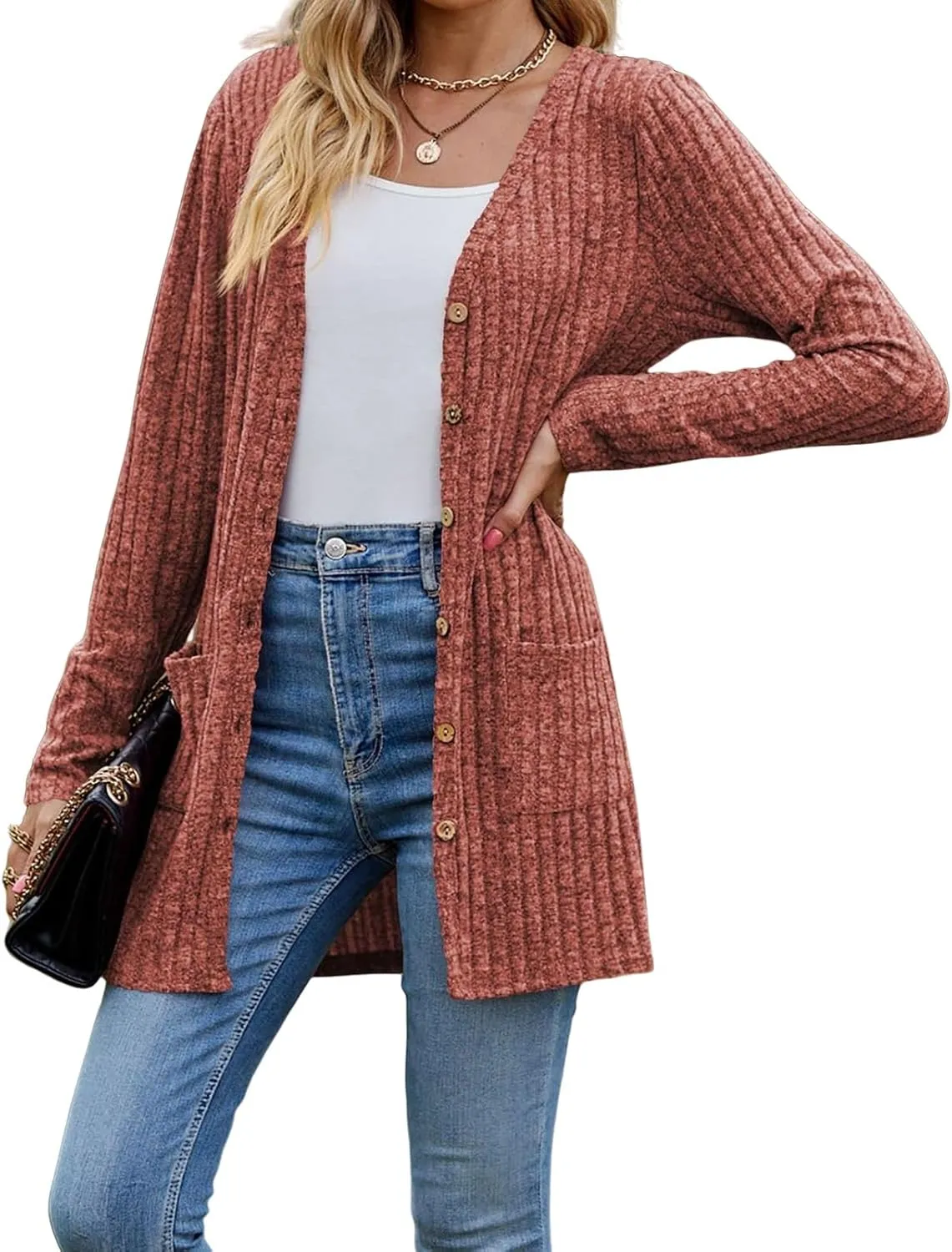 ZWRXW Women's Open Front Cardigan Sweater Button Down Ribbed Knit Lightweight Cardigans Fall Fashion Outerwear with Pockets