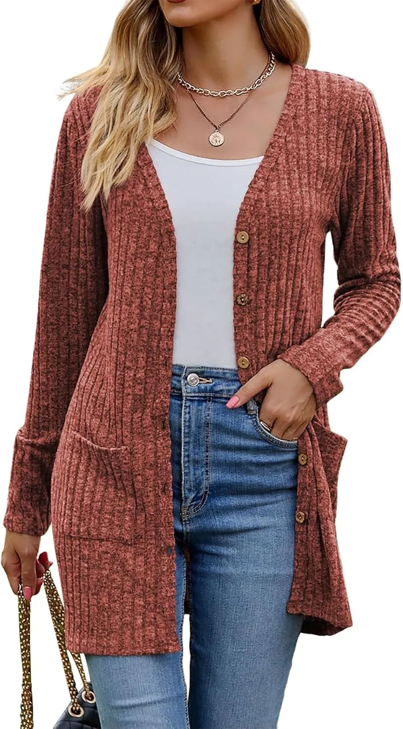 ZWRXW Women's Open Front Cardigan Sweater Button Down Ribbed Knit Lightweight Cardigans Fall Fashion Outerwear with Pockets